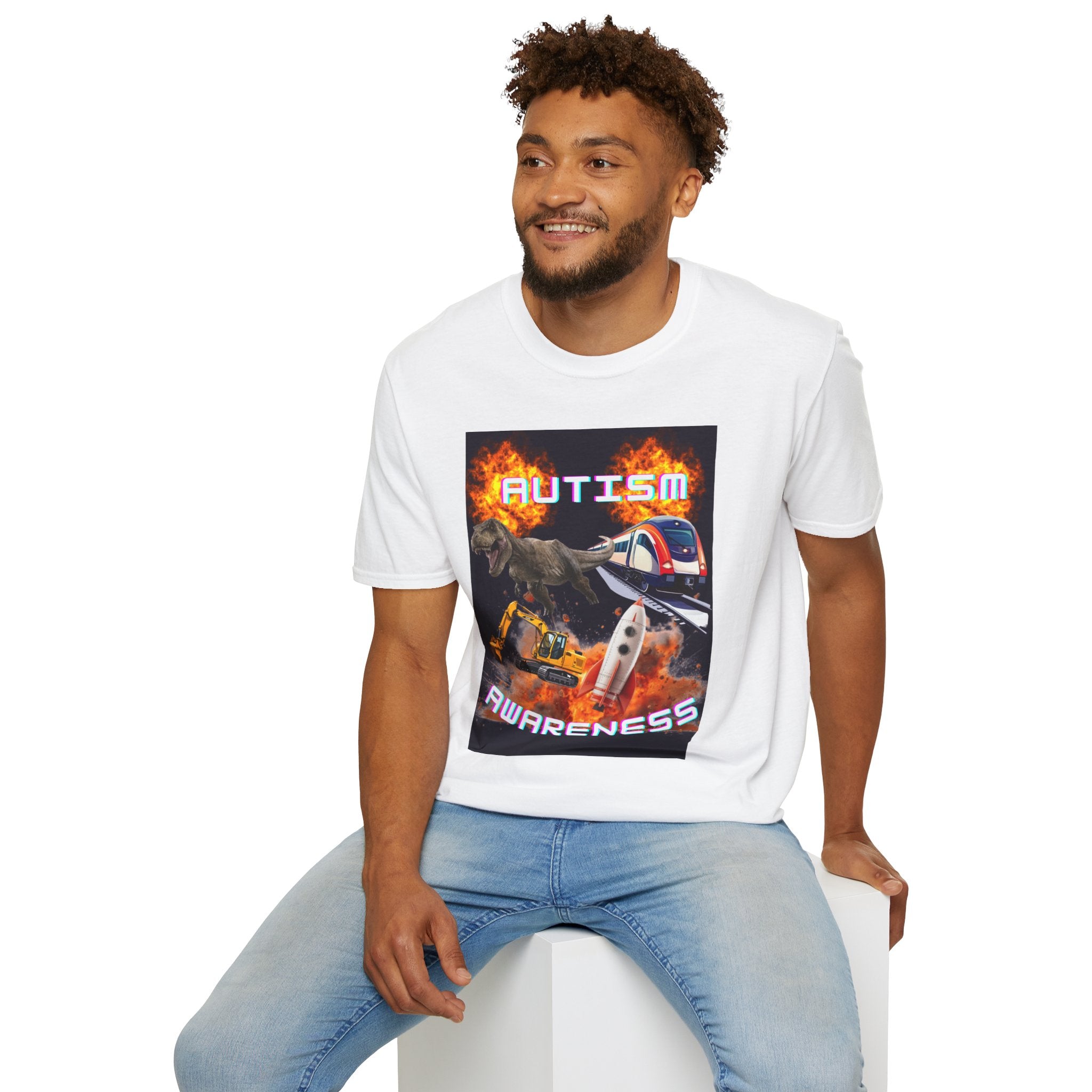 Autism Awareness T-Shirt — Dino & Train Retro Flame Design