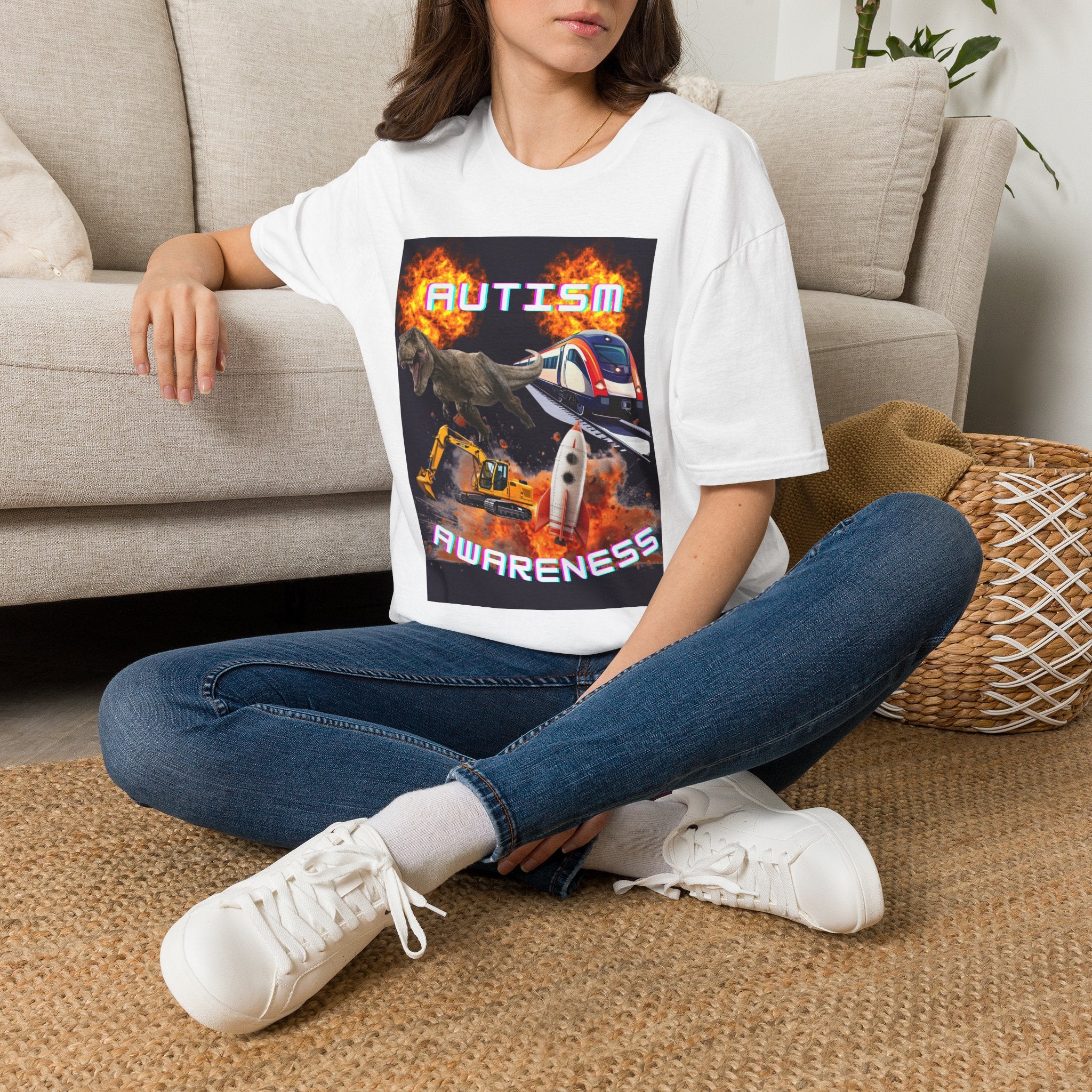 Autism Awareness T-Shirt — Dino & Train Retro Flame Design