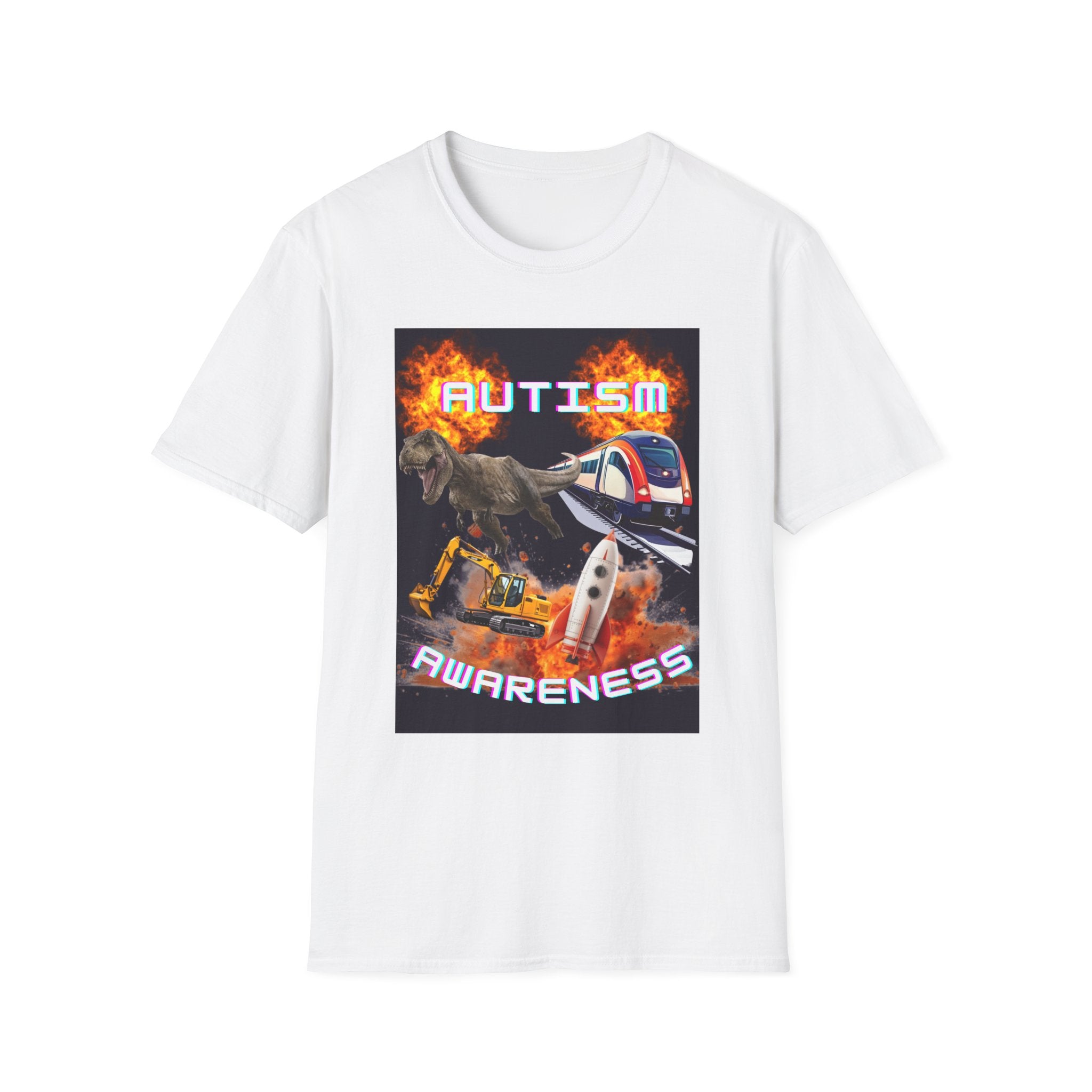 Autism Awareness T-Shirt — Dino & Train Retro Flame Design