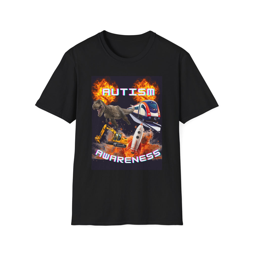 Autism Awareness T-Shirt — Dino & Train Retro Flame Design