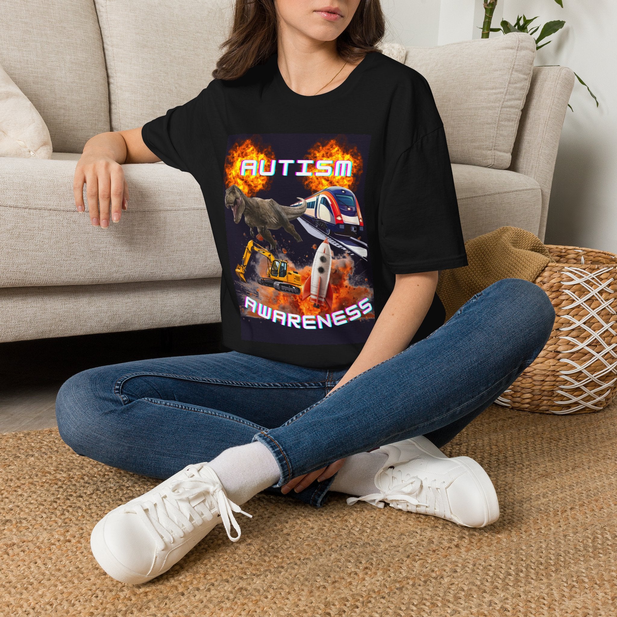 Autism Awareness T-Shirt — Dino & Train Retro Flame Design