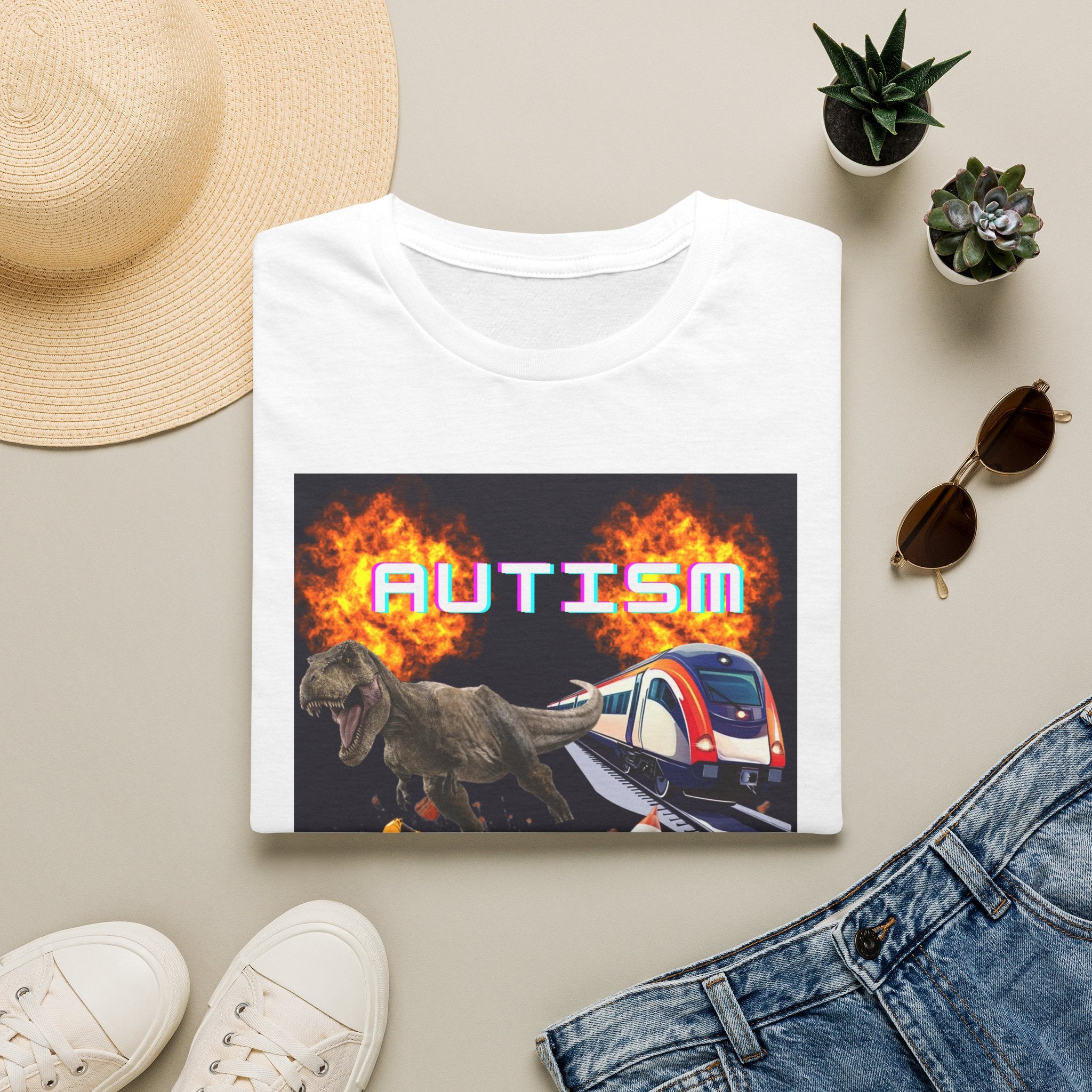 Autism Awareness T-Shirt — Dino & Train Retro Flame Design