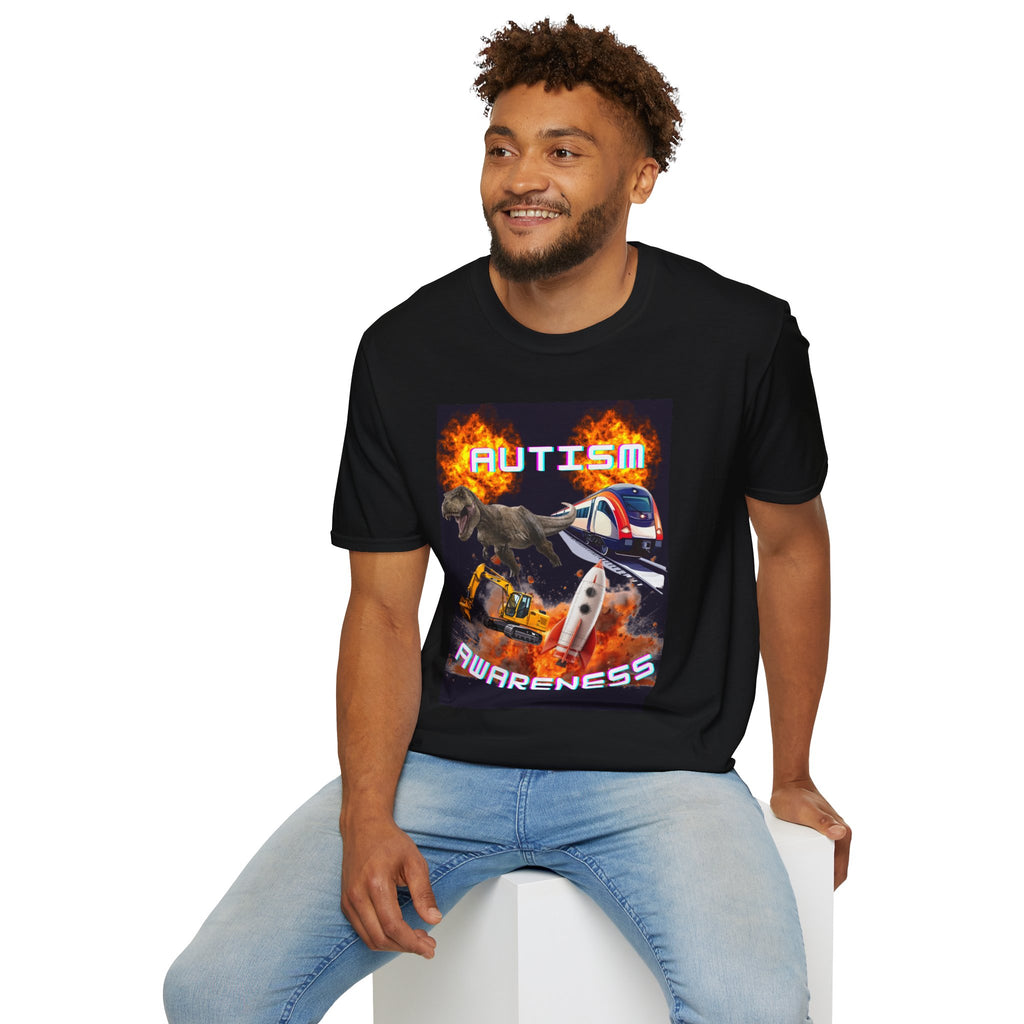 Autism Awareness T-Shirt — Dino & Train Retro Flame Design